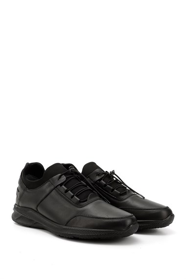 Mens Black Lace-Up Genuine Leather Comfort Sneaker