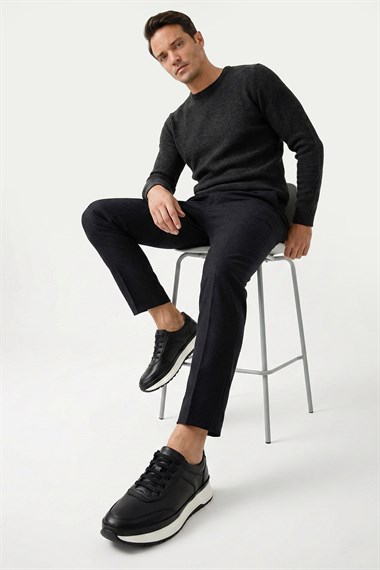 Mens Black Lace-Up Genuine Leather Comfort Sneaker