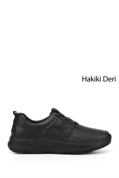 Erkek Siyah Bağcıklı Hakiki Deri Comfort Sneaker