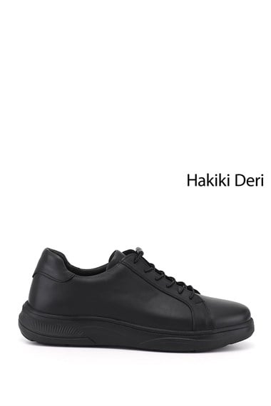 Erkek Siyah Bağcıklı Hakiki Deri Sneaker