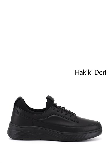 Mens Black Lace-up Rubber Sole Genuine Leather Sneaker