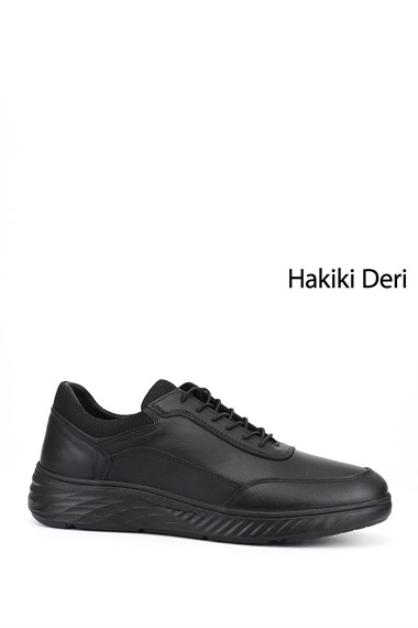 Erkek Siyah Bağcıklı Hakiki Deri Sneaker