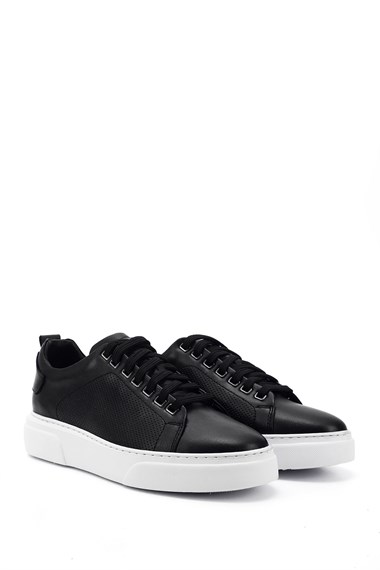 Mens Black Lace-Up Genuine Leather Sneakers
