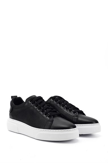 Erkek Siyah Bağcıklı Hakiki Deri Sneaker