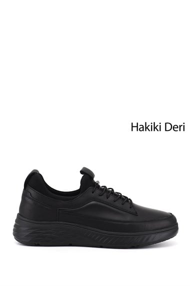 Erkek Siyah Bağcıklı Kauçuk Taban Hakiki Deri Sneaker