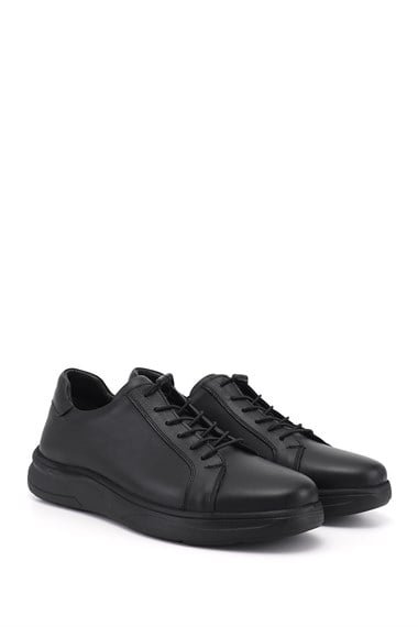Erkek Siyah Bağcıklı Hakiki Deri Sneaker