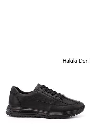 Erkek Siyah Bağcıklı Hakiki Deri Sneaker