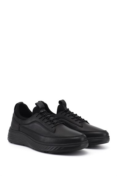 Mens Black Lace-up Rubber Sole Genuine Leather Sneaker