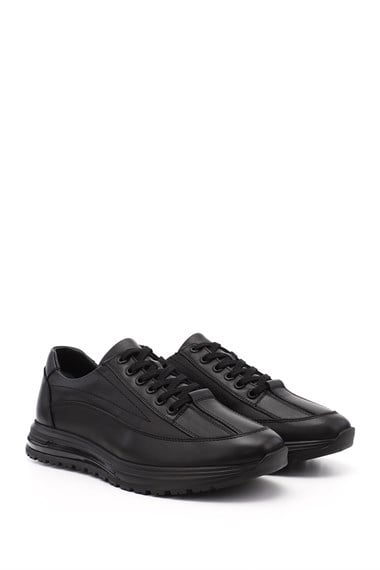 Erkek Siyah Bağcıklı Hakiki Deri Sneaker