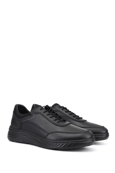 Erkek Siyah Bağcıklı Hakiki Deri Sneaker