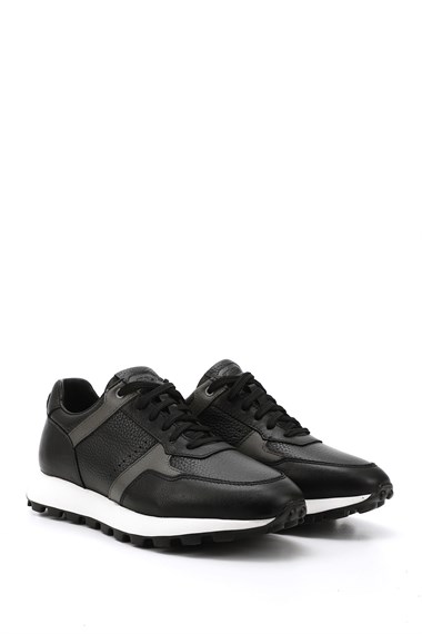 Erkek Siyah Bağcıklı Hakiki Deri Sneaker