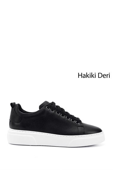 Mens Black Lace-Up Genuine Leather Sneakers