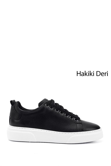 Erkek Siyah Bağcıklı Hakiki Deri Sneaker