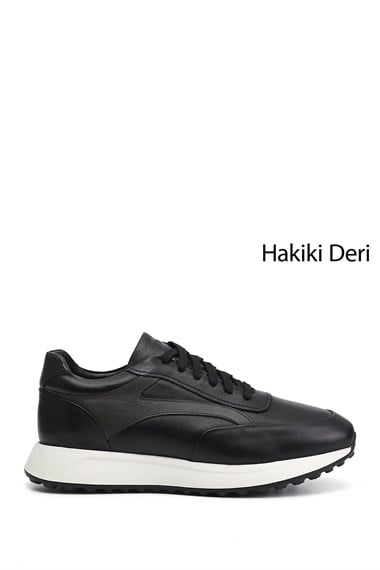 Erkek Siyah Bağcıklı Hakiki Deri Sneaker