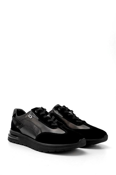 Mens Black Lace-Up Gel Insole Genuine Leather Sneakers