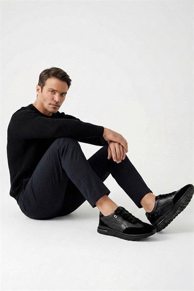 Mens Black Lace-Up Gel Insole Genuine Leather Sneakers