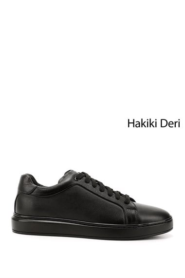 Erkek Siyah Bağcıklı Kauçuk Taban Hakiki Deri Sneaker