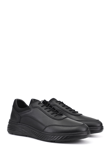 Erkek Siyah Bağcıklı Kauçuk Taban Hakiki Deri Sneaker