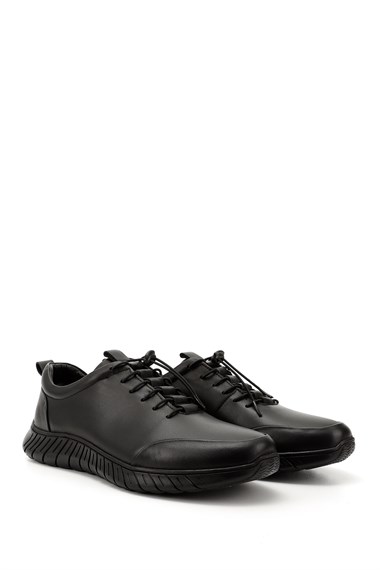 Mens Black Lace-Up Rubber Sole Genuine Leather Sneakers