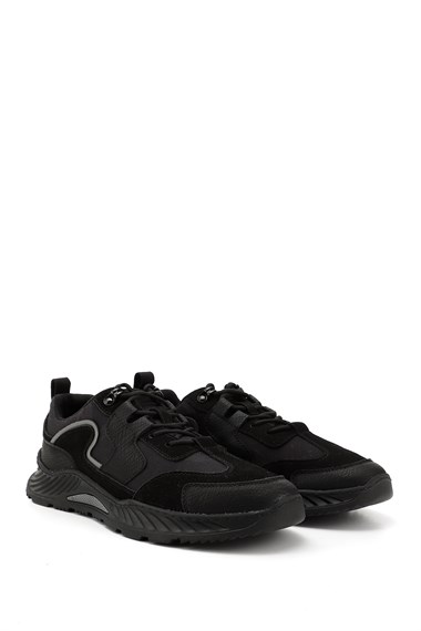 Mens Black Lace-Up Rubber Sole Genuine Leather Sneakers