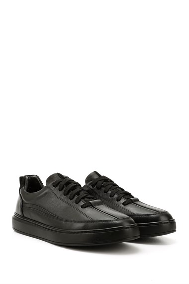 Erkek Siyah Bağcıklı Kauçuk Taban Hakiki Deri Sneaker