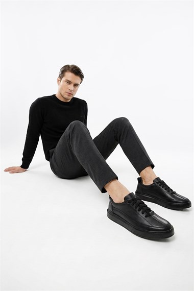 Erkek Siyah Bağcıklı Kauçuk Taban Hakiki Deri Sneaker