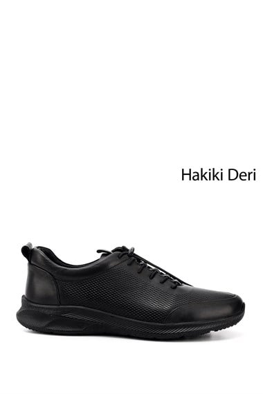 Erkek Siyah Bağcıklı Kauçuk Taban Hakiki Deri Sneaker