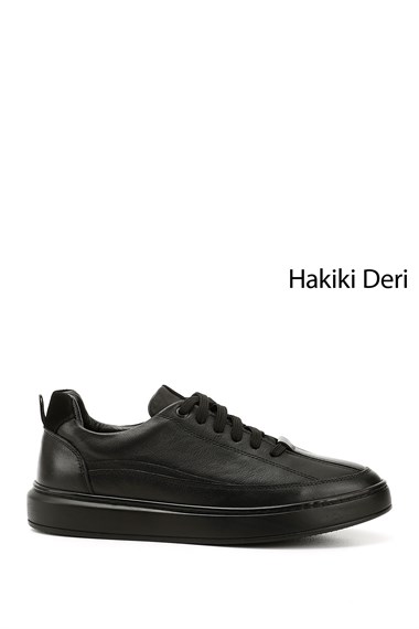 Erkek Siyah Bağcıklı Kauçuk Taban Hakiki Deri Sneaker