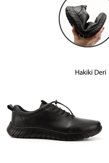 Mens Black Lace-Up Rubber Sole Genuine Leather Sneakers