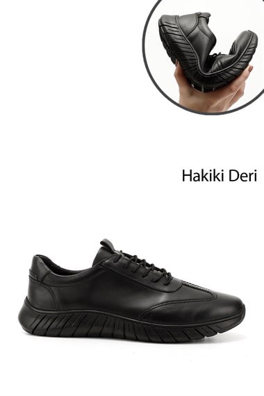 Mens Black Lace-Up Rubber Sole Genuine Leather Sneakers