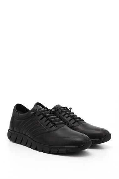 Mens Black Lace-Up Rubber Sole Genuine Leather Sneaker