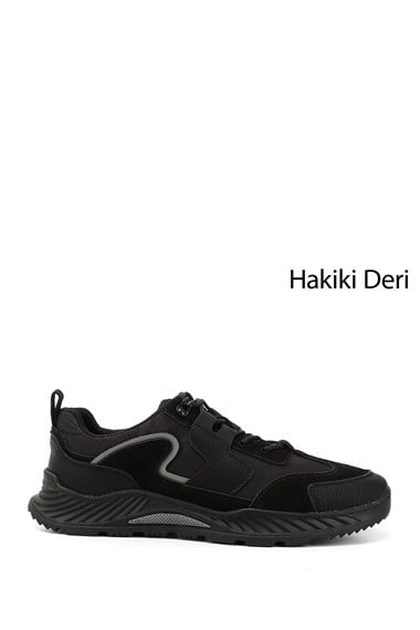 Mens Black Lace-Up Rubber Sole Genuine Leather Sneakers