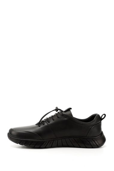 Mens Black Lace-Up Rubber Sole Genuine Leather Sneakers