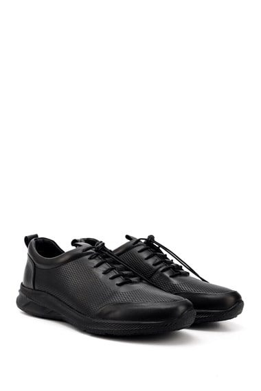 Mens Black Lace-Up Rubber Sole Genuine Leather Sneakers