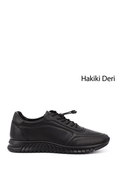 Mens Black Lace-Up Rubber Sole Genuine Leather Sneakers