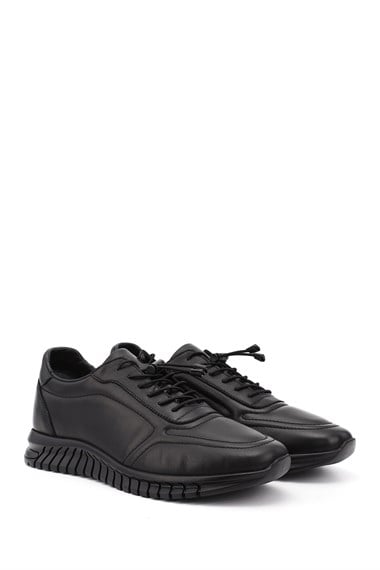 Mens Black Lace-Up Rubber Sole Genuine Leather Sneakers