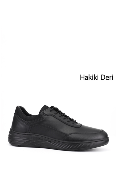 Erkek Siyah Bağcıklı Kauçuk Taban Hakiki Deri Sneaker