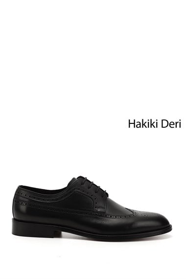 Erkek Siyah Bağcıklı Kösele Taban Hakiki Deri Klasik Ayakkabı