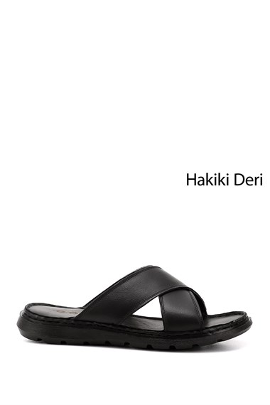 Mens Black Cross-Strap Genuine Leather Slippers