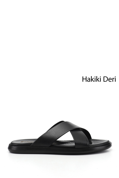 Erkek Siyah Çapraz Bantlı Hakiki Deri Terlik