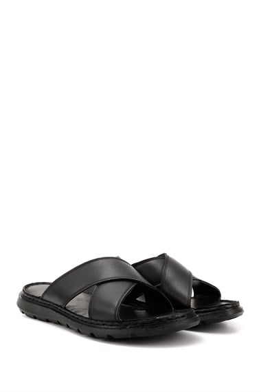 Mens Black Cross-Strap Genuine Leather Slippers