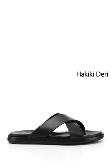 Erkek Siyah Çapraz Bantlı Hakiki Deri Terlik