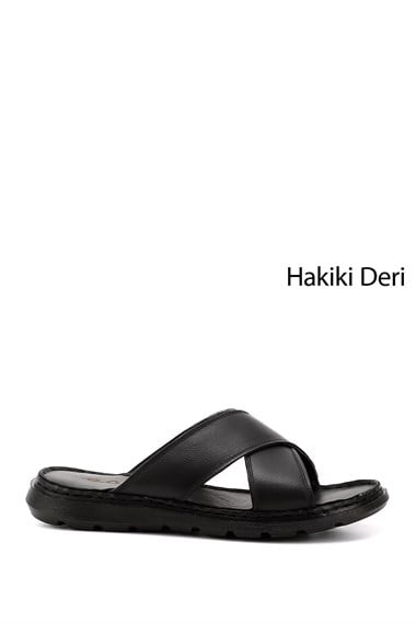 Erkek Siyah Çapraz Bantlı Hakiki Deri Terlik