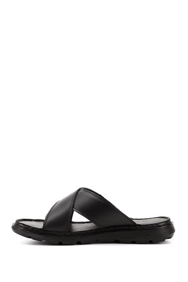 Mens Black Cross-Strap Genuine Leather Slippers