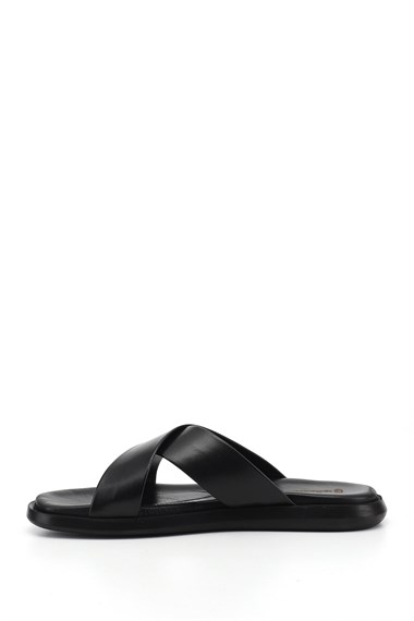 Erkek Siyah Çapraz Bantlı Hakiki Deri Terlik