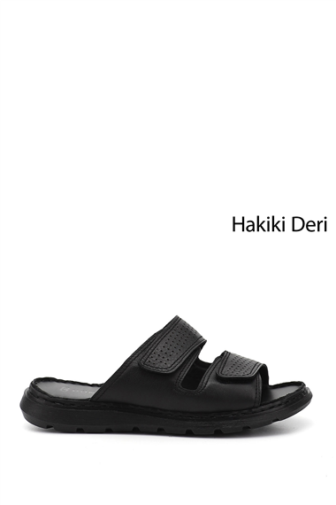 Mens Black Double Velcro Genuine Leather Comfort Slippers