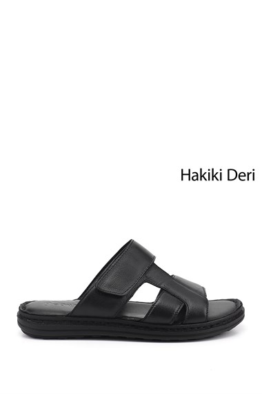 Erkek Siyah Cırt Bantlı Hakiki Deri Terlik