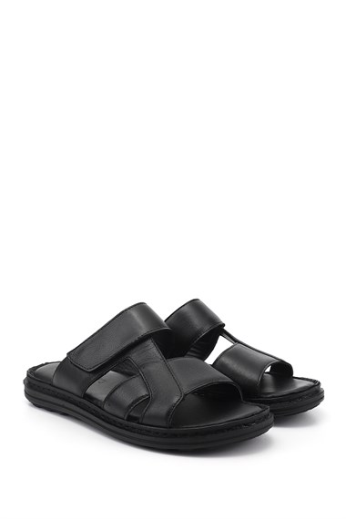 Erkek Siyah Cırt Bantlı Hakiki Deri Terlik