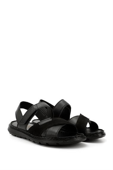 Mens Black Velcro Cross-Strap Genuine Leather Sandals