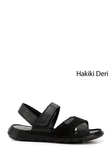 Mens Black Velcro Cross-Strap Genuine Leather Sandals